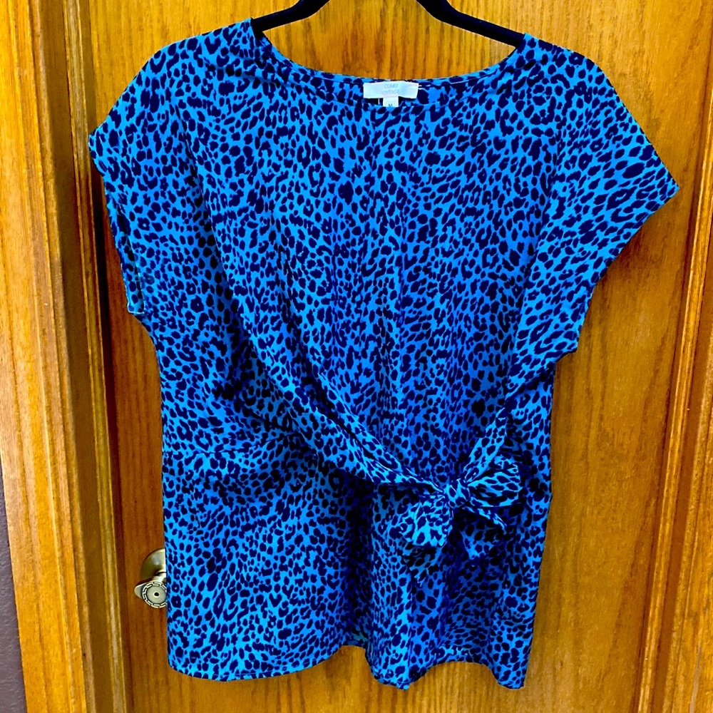 Black and Blue Cheetah Cap Sleeve Bow Detail Blouse